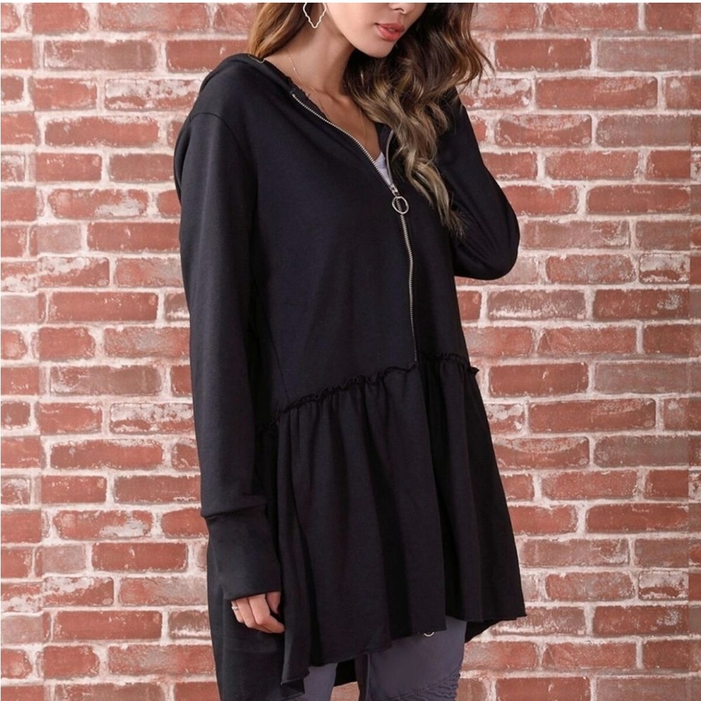 Z‎ Avenue USA Gray Velvet Ruffle Lightweight French Terry w/Pocket Hoodie Medium